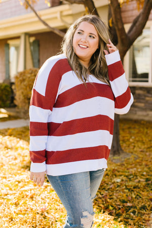 Room With A View Striped V-Neck Sweater in Rust Womens 