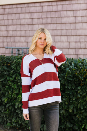 Room With A View Striped V-Neck Sweater in Rust Womens 